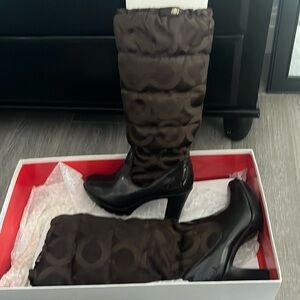 Black and brown heeled coach boots